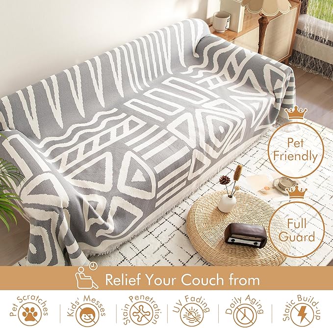 Couch Cover for 2-3 Cushion Couch Sofa Pet Friendly, Boho Sectional L Shaped Sofa Cover Washable for Dogs Cats Kids, Leather Furniture Protector Slipcover Decor for Living Room, 71"x118"