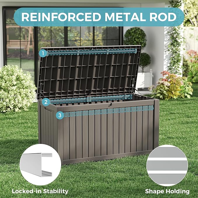 Outdoor Storage Box, Resin Deck Boxes Indoor and outdoor, Waterproof Storage Box Lockable Lid (Grey, 160 Gallon)