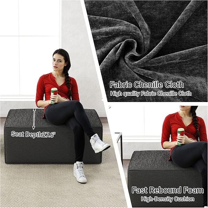 38“ Modular Sectional Sofa Convertible Cube Compressed Couch Seat Set, Combine L-Shaped U-Shaped, Free Assembly, Space-Saving for Living Room, Thick Foam Fabric Chenille Grey (Only Ottoman)