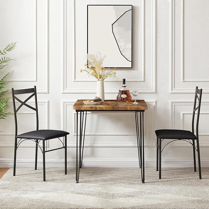 VECELO 3 Piece Dining Table Set for 2, Kitchen Table Set with 2 Chairs for Small Space, Space-Saving and Modern Design, Apartment, Easy to Assemble,Brown