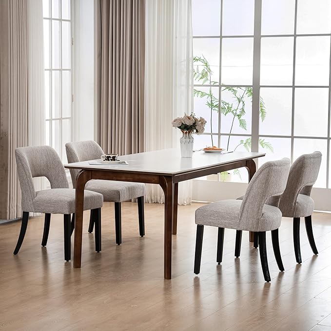 VKNOW Wooden Dining Chairs Set of 6, Modern Fabric Upholstered Dining Room Chair Kitchen Chairs, Farmhouse Dinner Chair for Kitchen Dining Room, Grey-Black Legs