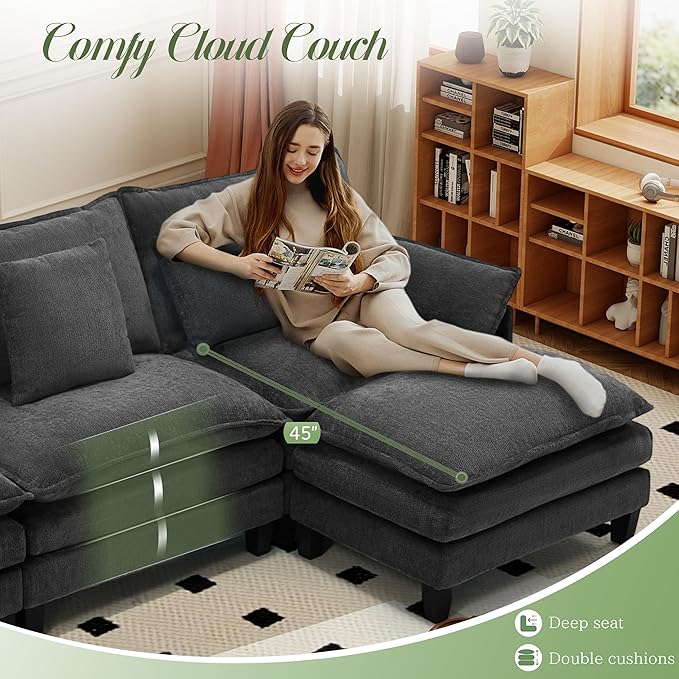 Modular Sectional Sofa, Comfy Cloud Couch with Movable Ottoman, Deep Seat Couches for Living Room, Bedroom and Apartment, 140" U Shaped Modern Sofa with Pillows, Grey