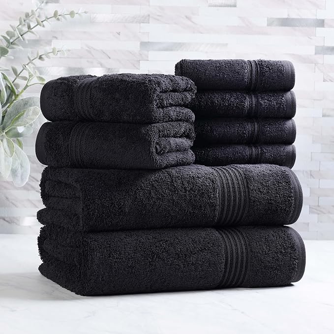 Superior Egyptian Cotton 8-Piece Towel Set, Assorted Towels for Home Bathroom, Guest Bath Decor Essentials, Includes 2 Bath, 4 Hand, 2 Face Towels/Washcloths, Quick Dry, Absorbent, Black
