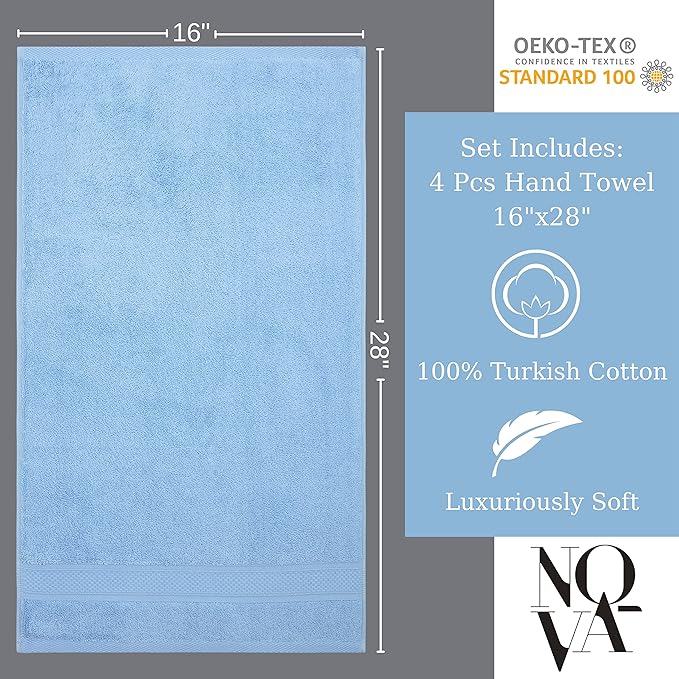 NOVA Luxury Linen - Hotel Quality Turkish Towel Set for Bathroom (4 Pcs Hand Towel Set, Sky Blue)