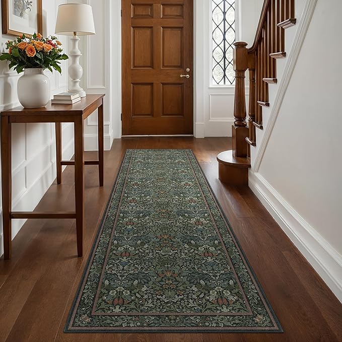 GENIMO Floral Washable Runner Rug 2’6”x12’, Non-Slip Long Hallway Carpet for Entryway, Kitchen, Indoor Floor Use, Vintage Boho Soft Thin Rug Décor, Dark Green