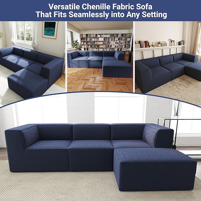 106" Sectional Compressed Sofa Modular Couches L-Shape with Chaise,High-Density Foam No Assembly Required,4-Piece(2xCorner 1xArmless 1xOttoman) for Living Room Chenille Blue