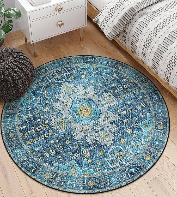 Moynesa Ultra-Thin Washable 5ft Round Rug - Teal 5x5 Circle Rugs for Living Room, Vintage Dining Room Mat Stain Resistant Nursery Carpet for Bedroom Mudroom Kitchen Apartment Home Office