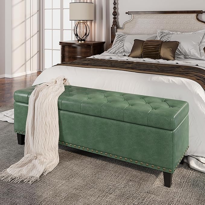 Storage Ottoman Bench,51-Inch Large Storage Bench for Bedroom End of Bed, 30 Gallons Faux Leather Ottoman with Storage for Bedroom, Living Room, Entryway, Hallway,Green