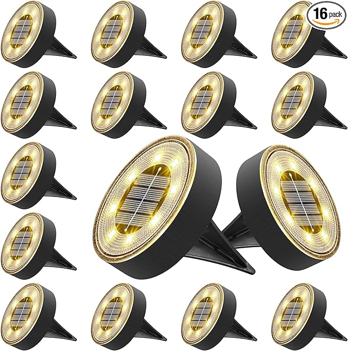 Joomer Solar Ground Lights, 16 Pack 8 LED Solar Lights Outdoor IP68 Waterproof Disc Light In-Ground Landscape Lighting Outdoor for Patio Pathway Lawn Yard Driveway Walkway (Warm White)