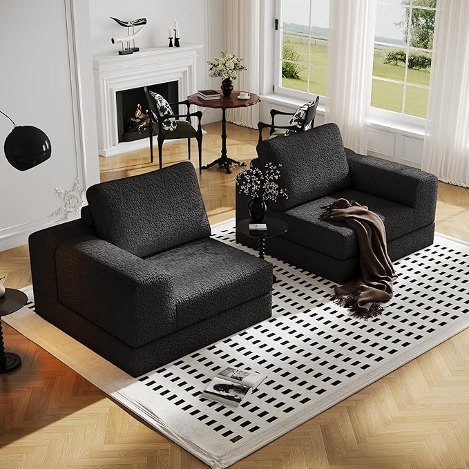 Cloud Modular Sectional Sofa, DIY Combination Modular Couch for Living Room, Unique Knitted Fabric Love Seat Couches with 2 Pillows, 2 Seater Comfy Sectional Couch with No Assembly (Black)