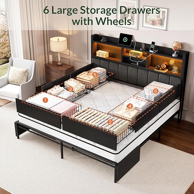 LARMACE Queen Bed Frame with 6 Storage Drawers, Bed Frame Queen Size with Linen Upholstered Headboard, Built in Charging Station and LED, No Noise, Metal Support, No Box Spring Needed,Vintage Black