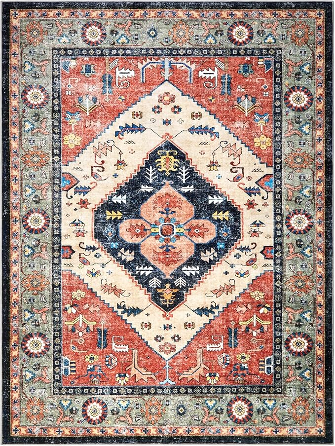 Washable Living Room Area Rugs - 9x12 Large Soft Machine Washable Non-Slip Low Pile Area Rugs, Vintage Oriental Neutral Carpet for Bedroom Dining Room Dorm Office Decor Red/Beige