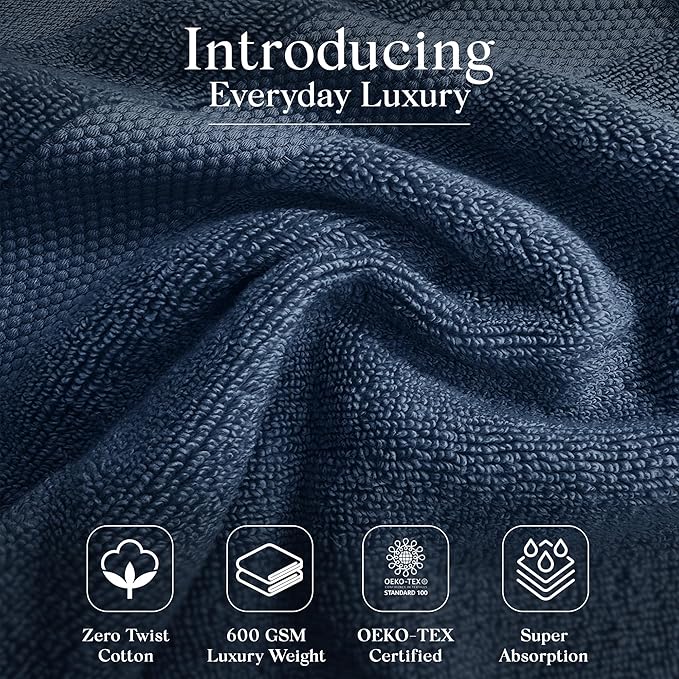 Premium Staple Cotton Bathroom Towel Set - Navy 600 GSM 6-Piece Luxury Bath Towel Set 1 Stripe - 2 Bath Towels, 2 Hand Towels & 2 Washclothes Set - High Absorbent & Quick Dry for Gym, Spa, Hotel