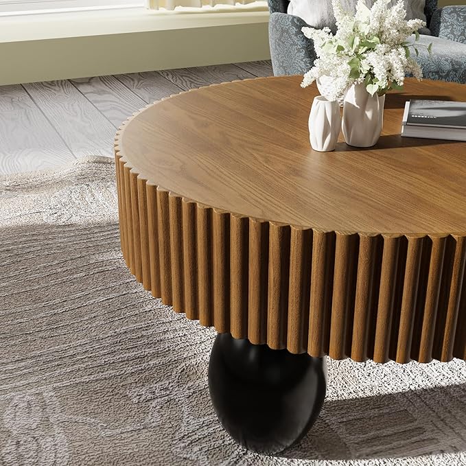 Round Fluted Coffee Table for Living Room, 31.5'' Farmhouse Luxury Round Coffee Tables with 3 Sturdy Leg Base, Natural Wood Grain Veneer Handcrafted Relief Tea Table for Apartment Small Space,Brown