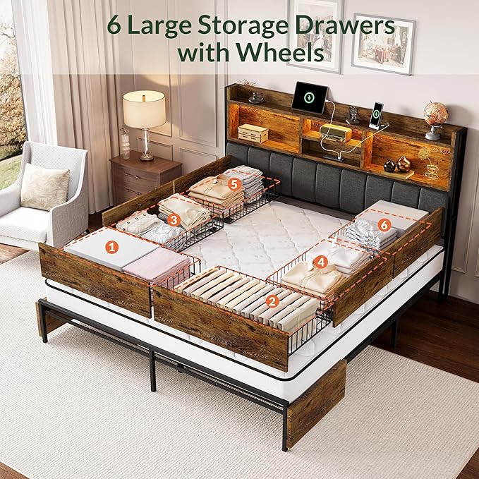 LARMACE Queen Bed Frame with 6 Storage Drawers, Bed Frame Queen Size with Linen Upholstered Headboard, Built in Charging Station and LED, No Noise, Metal Support, No Box Spring Needed,Vintage Brown
