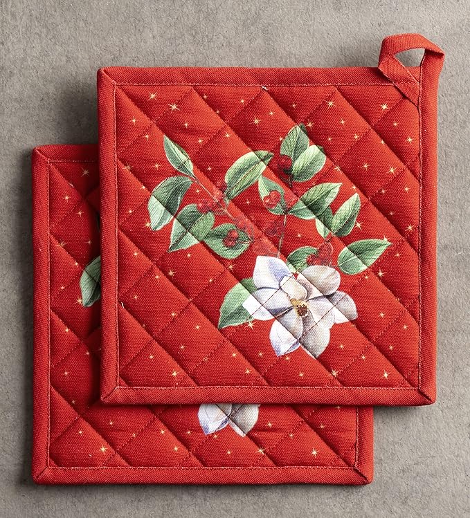 Maison d' Hermine Pot Holders Set 100% Cotton Heat Resistant Potholders 8" x 8" Hot Pads with Loop for Thanksgiving Christmas Decorations BBQ Cooking Baking Handling Hot Pans (Pack of 2, Noel)