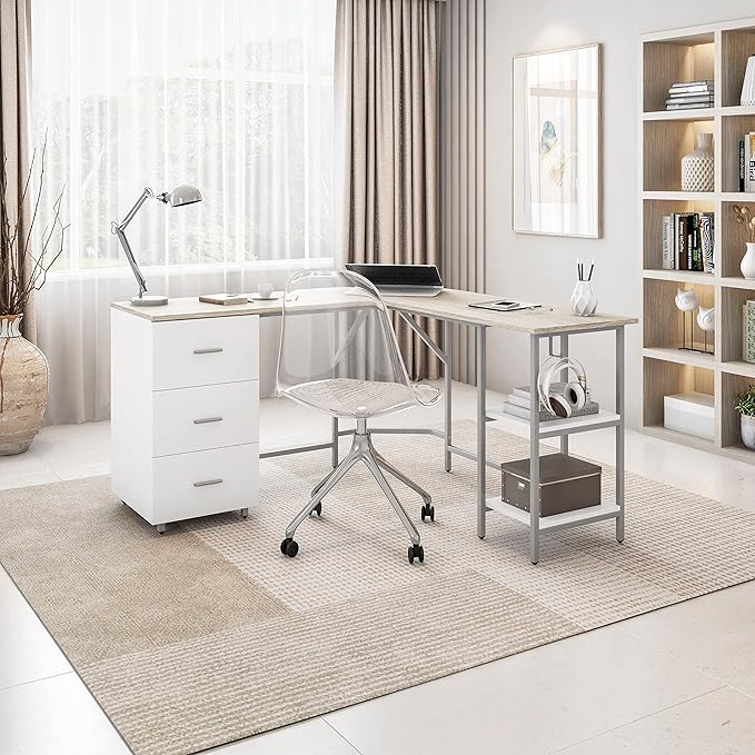 Techni Mobili L Shaped Desk - Two-Toned Computer Desk with Drawers & Storage Shelves - Simple Modern Furniture & Home Office Space Corner Table for Work & Writing