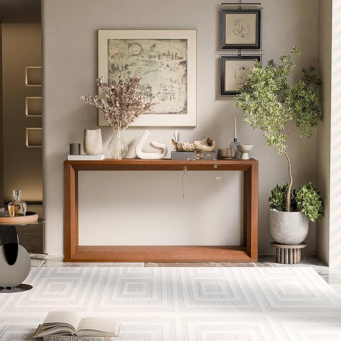 60" Rectangular Solid Wood Veneer Console Table for Entryway, Wide Sofa Table, Behind Couch Table with Ample Storage for Entryway & Living Room, Dark Brown