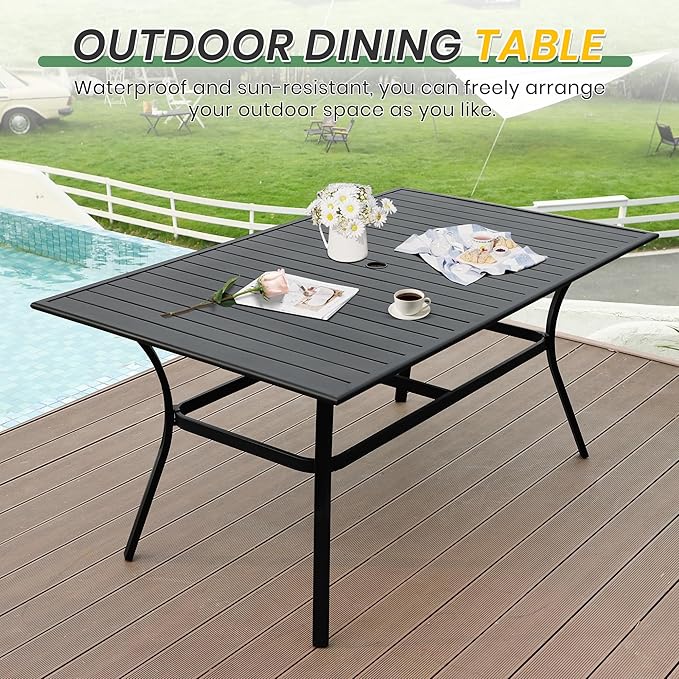 LVUYOYO Outdoor Patio Dining Table, Metal Rectangular Table with Umbrella Hole, All-Weather Furniture for Backyard, Garden,Balcony,Porch (Black)