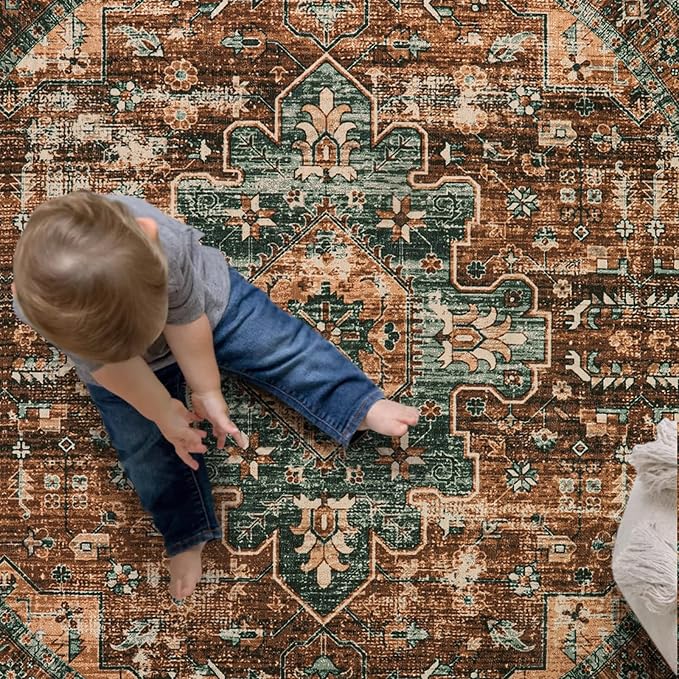 Moynesa Ultra-Thin Washable Runner Rug - 2x7 Kitchen Runner Stain Resistant Hallway Mat, Non-Slip Non-Shedding Bathroom Laundry Carpet Runner for Front Door Bedside Camper, Brick Red/Dull Teal