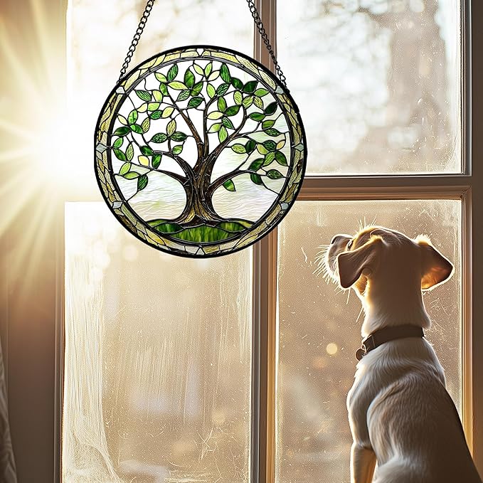 Stained Glass Window Hanging - Brown Tree Trunk Green Leaves Sun Catcher for Door Garden Home Decor Plant Suncatcher Christmas Mother's Day Birthday Gifts for Women Men Mom Nana 6.3 in