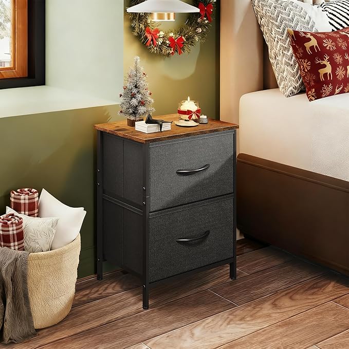 WLIVE Nightstand, 2 Drawer Dresser for Bedroom, Small Dresser with 2 Drawers, Bedside Furniture, Night Stand, End Table with Fabric Bins for Bedroom, Closet, Entryway, Black and Rustic Brown