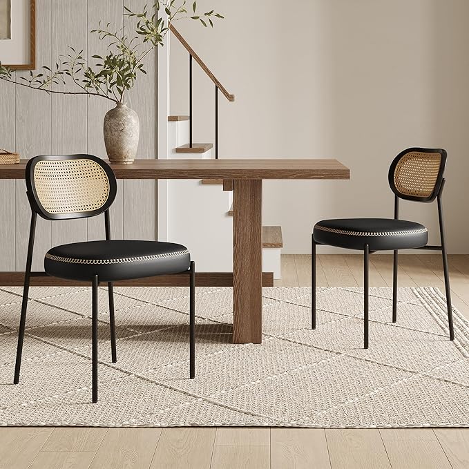 Rattan Dining Chairs Set of 2, Black Leather Upholstered Dining Chairs with Rattan Cane Back, Mid Century Modern Dining Room Chairs with Black Metal Legs & D-Shaped Thicken Cushion