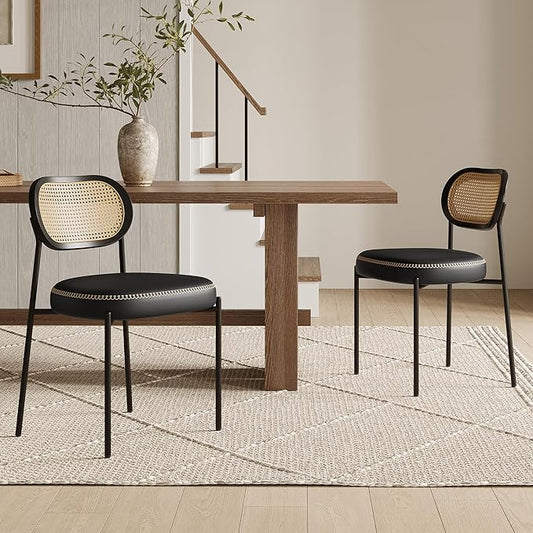Rattan Dining Chairs Set of 2, Black Leather Upholstered Dining Chairs with Rattan Cane Back, Mid Century Modern Dining Room Chairs with Black Metal Legs & D-Shaped Thicken Cushion