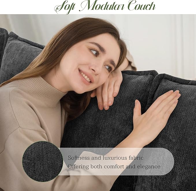 Modular Sectional Sofa, Comfy Cloud Couch with Movable Ottoman, Deep Seat Couches for Living Room, Bedroom and Apartment, 140" U Shaped Modern Sofa with Pillows, Black