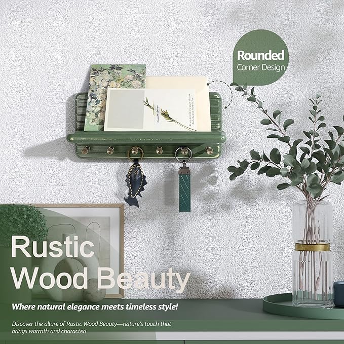 Rebee Vision Pine Wooden Key Holder Wall Mount for Home Decor – Decorative Key Holder for Wall with 6 Hooks & Floating Shelf – Rustic Organizer for Room Decor Aesthetic (Green)