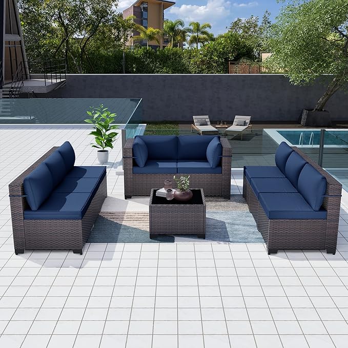 Kurapika 9 Pieces Patio Furniture Set, Rattan Wicker Outdoor Conversation Sets w/4in Cushion and Glass Coffee Table(Navy Blue)