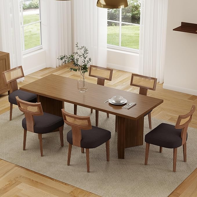 Rattan Dining Chairs Set of 6, Modern Fabric Upholstered Kitchen Chairs, Wooden Dining Room Chair Farmhouse Dinner Chair, Charcoal