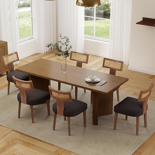 Rattan Dining Chairs Set of 6, Modern Fabric Upholstered Kitchen Chairs, Wooden Dining Room Chair Farmhouse Dinner Chair, Charcoal