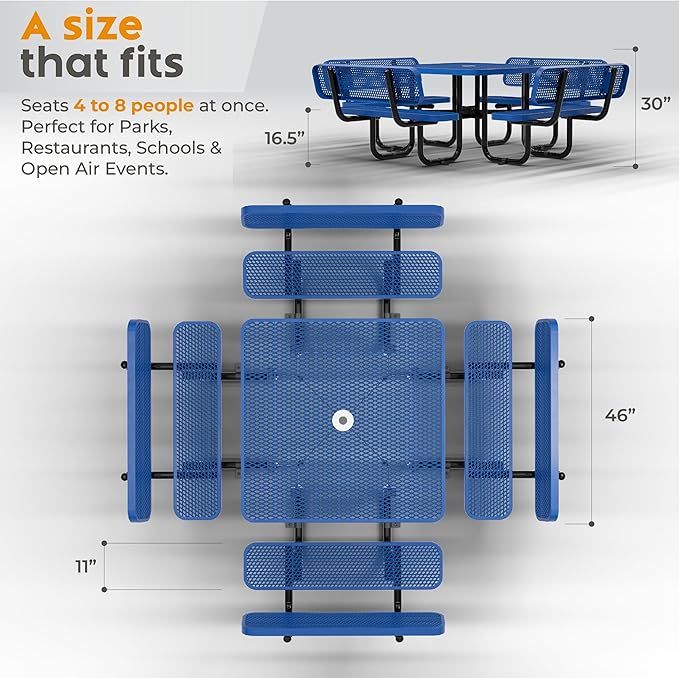 Metal Picnic Tables for Outdoors with Umbrella Hole - Coated Steel Heavy Duty Commercial Grade Furniture with Adjustable Seats (Blue, 46 in, Square with Back, Expanded Steel)