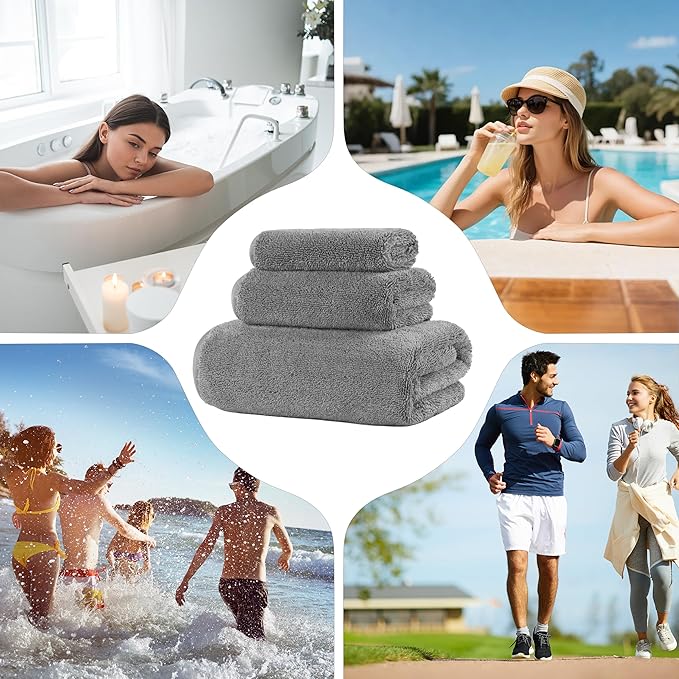 Ring Spun Terry Microfiber Bath Towel Set, 3 Piece, Oversize, Quick Dry, Lint Free, Includes Bath, face, and Hand Towels (Gray)
