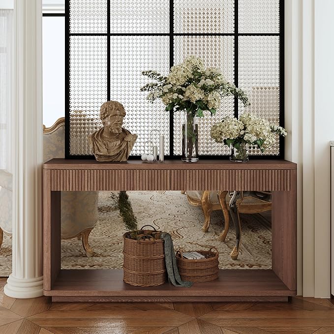 59.8”Rectangular Rustic Fluted Console Table with 2 Drawers,Solid Wood Entry Table Hallway Table, Modern Farmhouse Narrow Sofa Table for Foyer Living Room,Bedroom,Apartments-Walnut