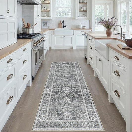 Blue 2x6 Runner Rug Hallway Non Slip Kitchen Vintage Distressed Long Carpet Indoor Machine Washable Traditional Floral Bedroom Accent Throw Rug for Office Laundry Bathroom Dining Living Room