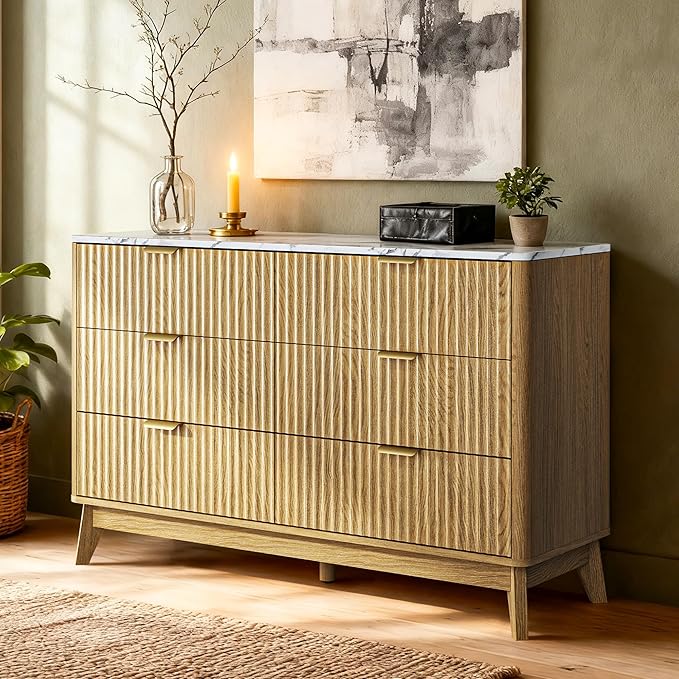 47" Wide Storage Cabinet, Fluted Chest of Drawers with Curved Edges, Wooden Buffet Cabinet with 6 Drawers, Modern Credenza with Faux Marble Top for Living Room, Hallway, Natural