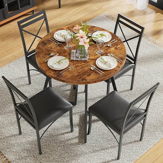 VECELO 35" Round Dining Table for 4, Wood-Grain Tabletop & Heavy-Duty Steel Frame, for Kitchen, Living Room, Easy Assembly, Antique Brown