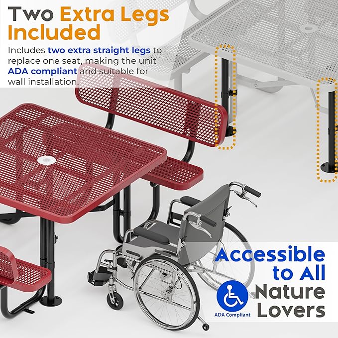 Metal Picnic Tables for Outdoors with Umbrella Hole - Coated Steel Heavy Duty Commercial Grade Furniture with Adjustable Seats (Red, 46 in, Square with Back, Expanded Steel)