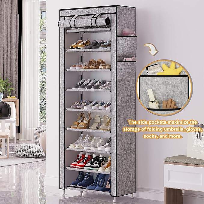 Calmootey 9 Tier Shoe Rack Organizer,Portable Shoe Shelf with Nonwoven Fabric Cover for Closet Hallway,Bedroom,Entryway, Ash Grey