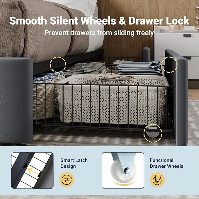 Allewie Full Size Platform Bed Frame with 4 Large Storage Drawers, Velvet Vertical Channel Tufted Upholstered Bed Base, Wooden Slats Support, Noise-Free, No Box Spring Needed, Easy Assembly, Grey