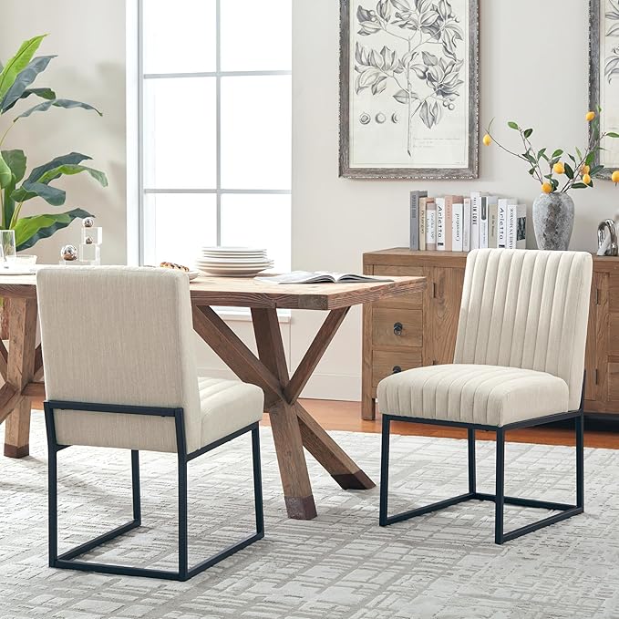 VKNOW Upholstered Dining Chairs, Modern Dining Room Chairs with Stripe, Linen Kitchen Chair Dinner Chair with Black Metal Base for Kitchen Office, Beige