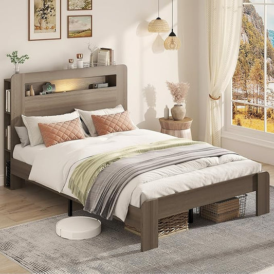 Wooden Bed Frame Full Size with Storage Headboard - Farmhouse Platform Bed Frame with Bookcase Shelf & Led Lights, Sturdy Wood Slat Framework Bed Frame (Light Brown LED)