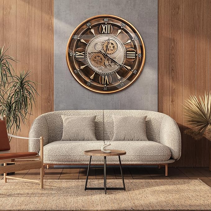 October Elf 24 Inch Wall Clock with Moving Gears Large Industrial Steampunk Metal Clock Antique Gold Oversized Farmhouse Decor Wall Clock for Living Room Home Office(Brown with Roman Numerals)