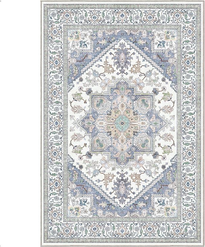 OPPODREAM Thin Area Rugs 4x6, Low-Pile Washable Rugs 4x6 with Non Slip Backing, Faux Cashmere 4 x 6 Throw Carpet, Purple & Green & Cream