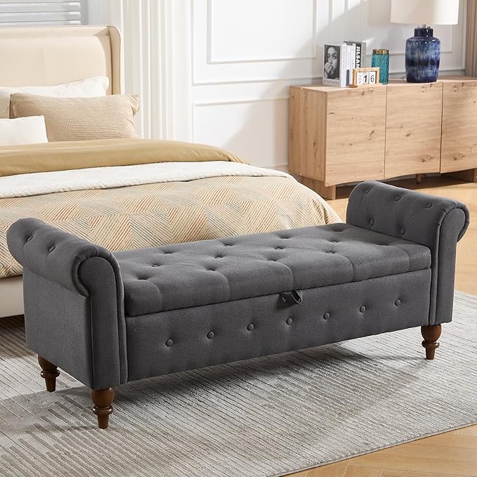 GNIXUU 63" End of Bed Storage Bench for Bedroom, Upholstered Ottoman Seat with Storage for Living Room, Window, Entryway, Grey Velvet