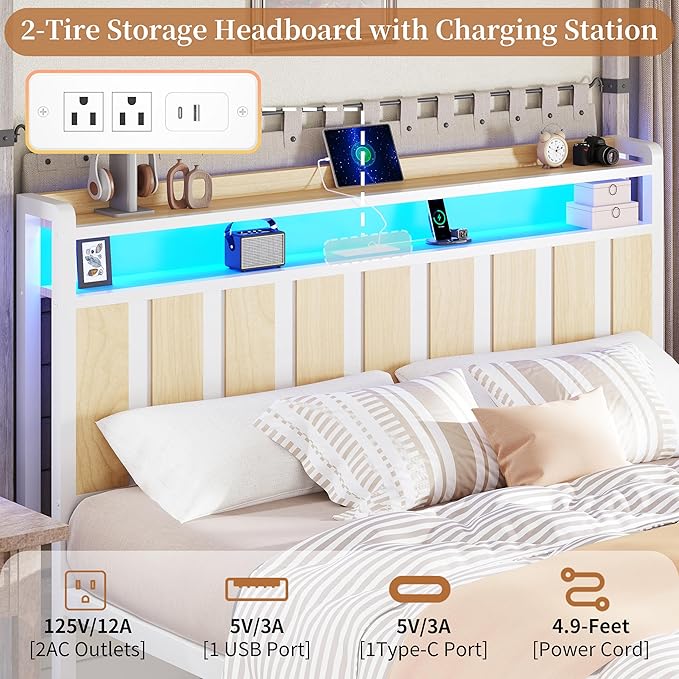 Queen Bed Frame with Storage Headboard & Dual Built-in Storage Drawers, Heavy Duty Platform Bed with 4-Device Charging Station and LED Lights, Noise-Free Design, No Box Spring Needed, White