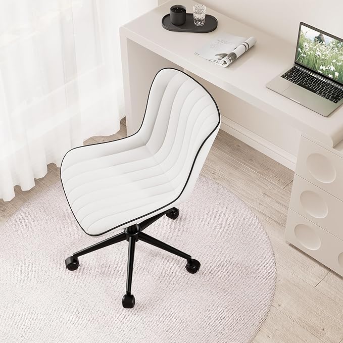 Kidol & Shellder White Leather Home Office Desk Chair with Wheels Modern Cute Armless Executive Swivel Vanity Chair with Comfy Padded Back Ergonomic Rolling Adjustable Computer Task Chair Small
