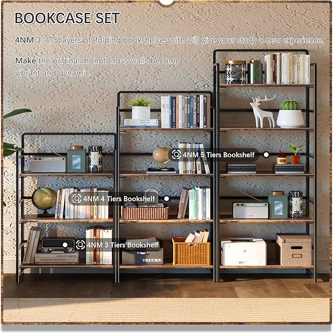 4NM No Assembly 5 Tiers Folding Bookshelf Storage Shelves Vintage Bookcase Standing Racks Study Organizer Home Office (Rustic Brown Black)